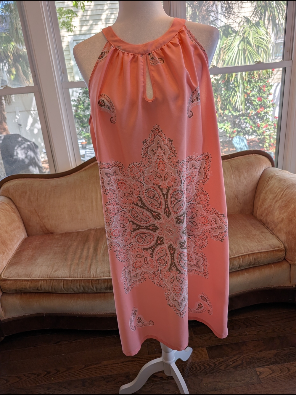 New York & Company Coral Paisley Print Mini Dress